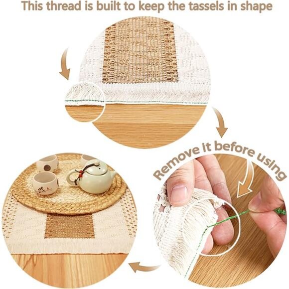 Handmade Boho Placemats Set of 4 - Natural Cotton Burlap and Water Straw Woven - Picture 5 of 7